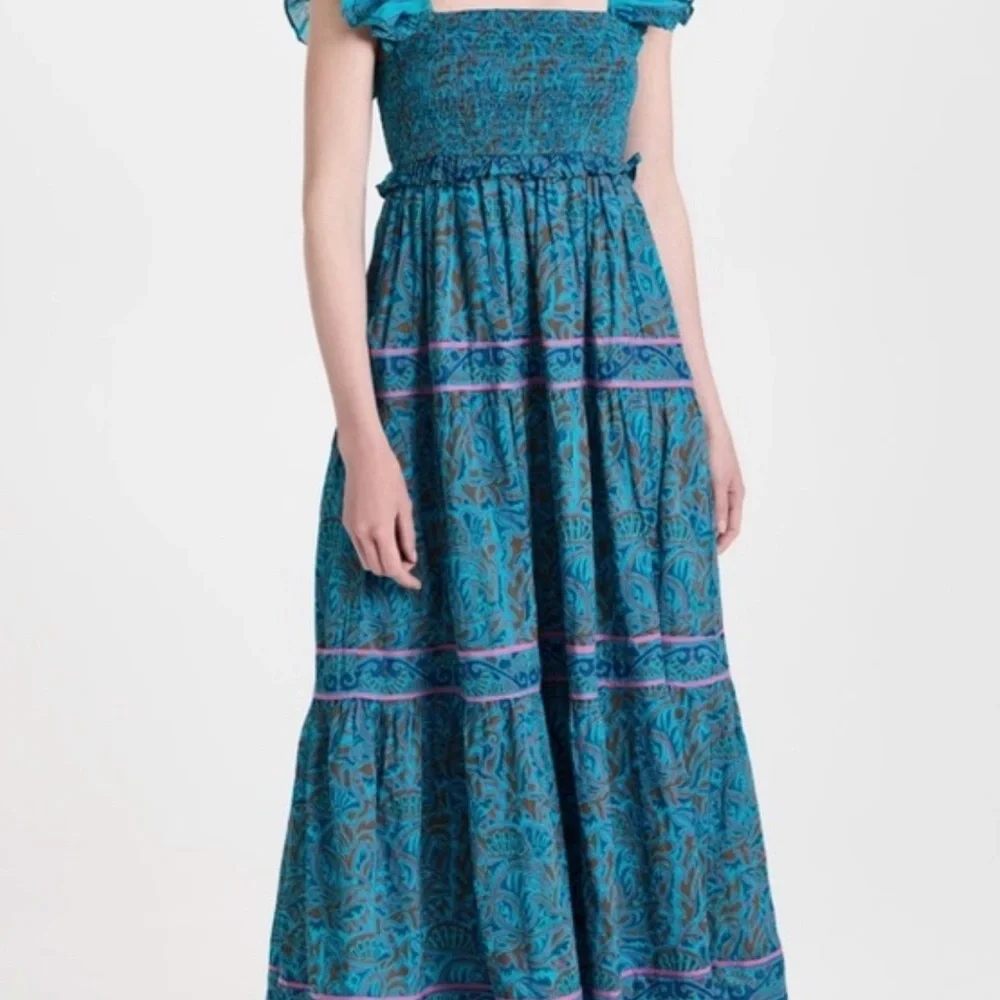 Cleobella Blue Floral Smocked Midi Dress with Puff Shoulders